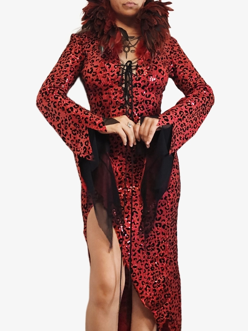 Glam Red Sequin Leopard Lace-Up Asymmetric Dress! - Picture 3 of 12